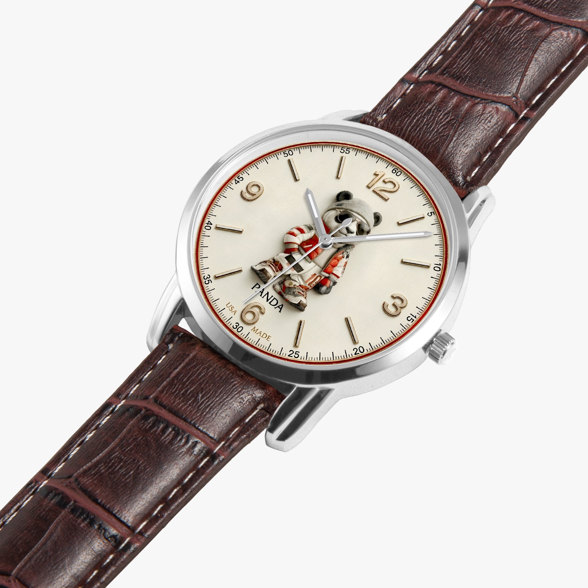 A wristwatch with a brown textured leather strap, a silver-toned case, and a cream-colored dial featuring a 3D panda bear figure at the center.