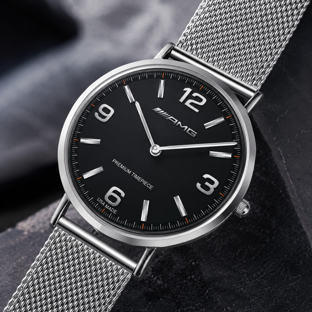 A close-up of a silver-tone metal mesh watch with a black dial, silver bezel, and silver mesh strap, resting on a dark textured surface.