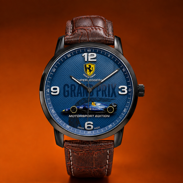 A luxury wristwatch featuring a blue Grand Prix Motorsport Edition dial, a black case, and a brown leather strap, set against a warm orange gradient background.