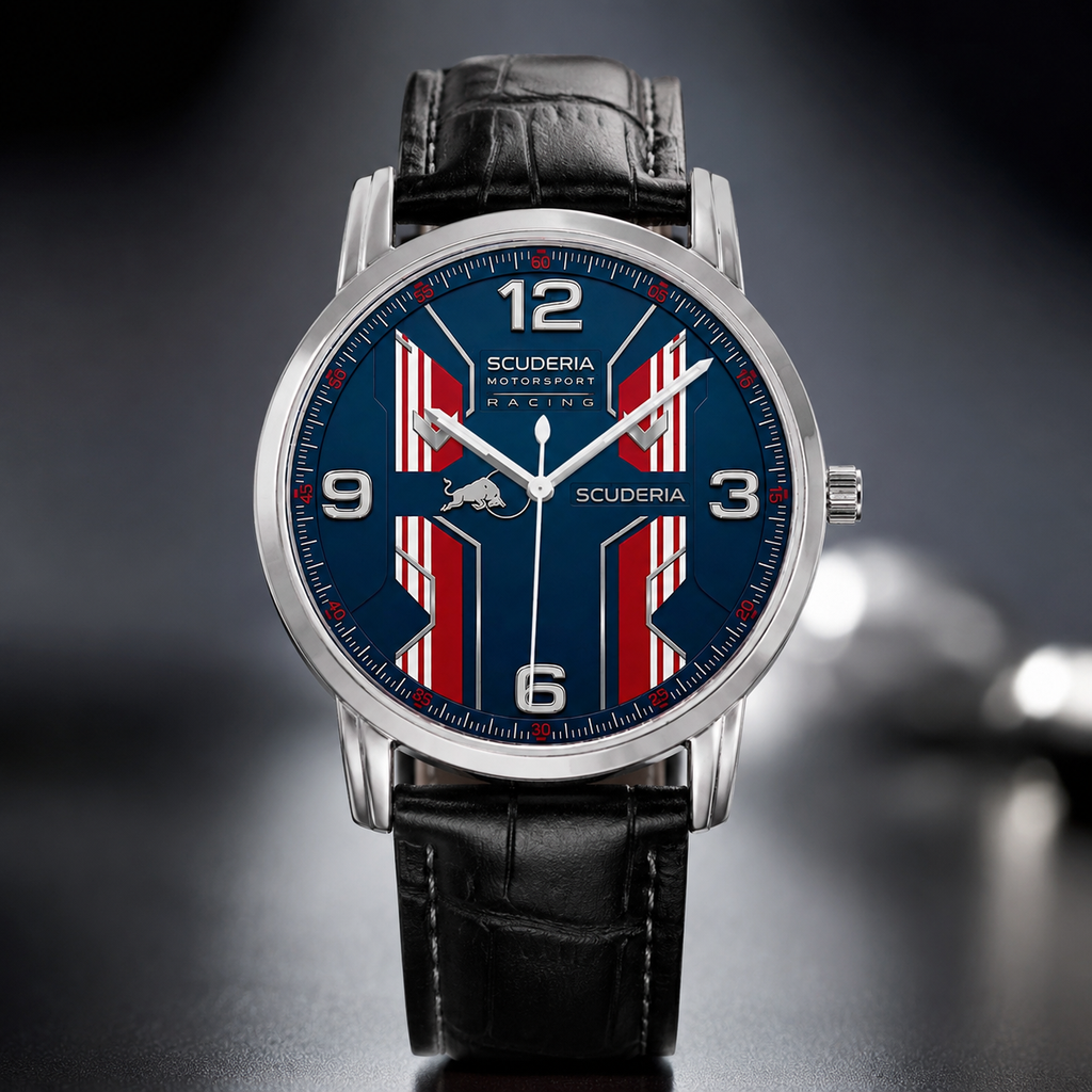 A Scuderia Ferrari sports watch with a blue dial, red and white striped accents, a silver-tone case, and a black leather strap, shown against a dark blurred background.