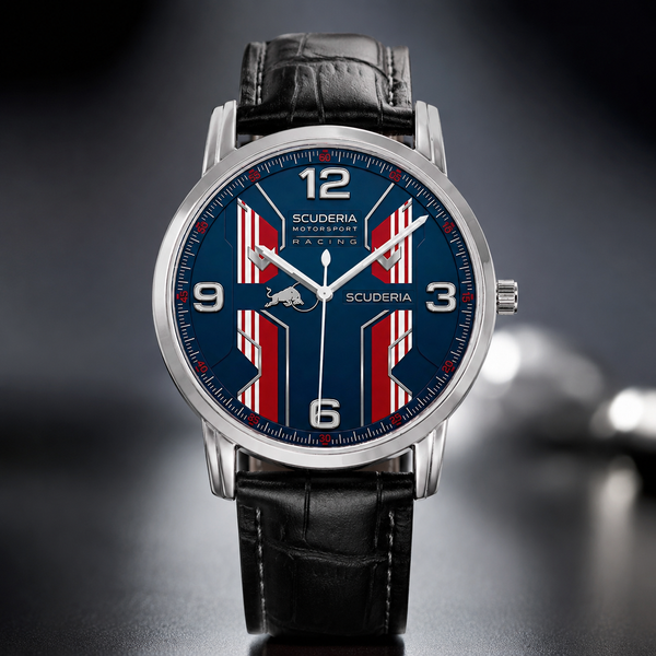 A Joventra Scuderia Motorsport sports watch with a blue dial, red and white striped accents, a silver-tone case, and a black leather strap, shown against a dark blurred background.
