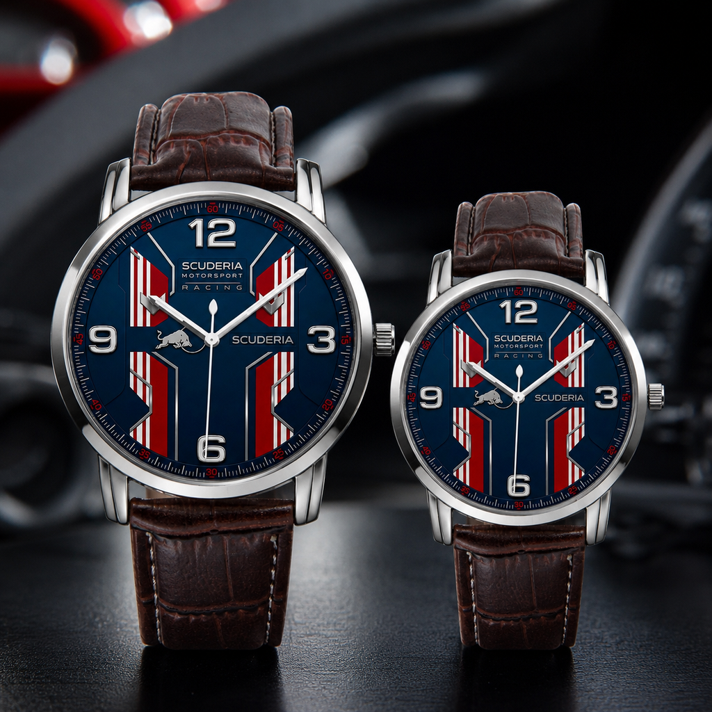 Two Scuderia Autos racing-themed wristwatches with brown leather straps and silver cases, displayed side-by-side against a dark blurred background.