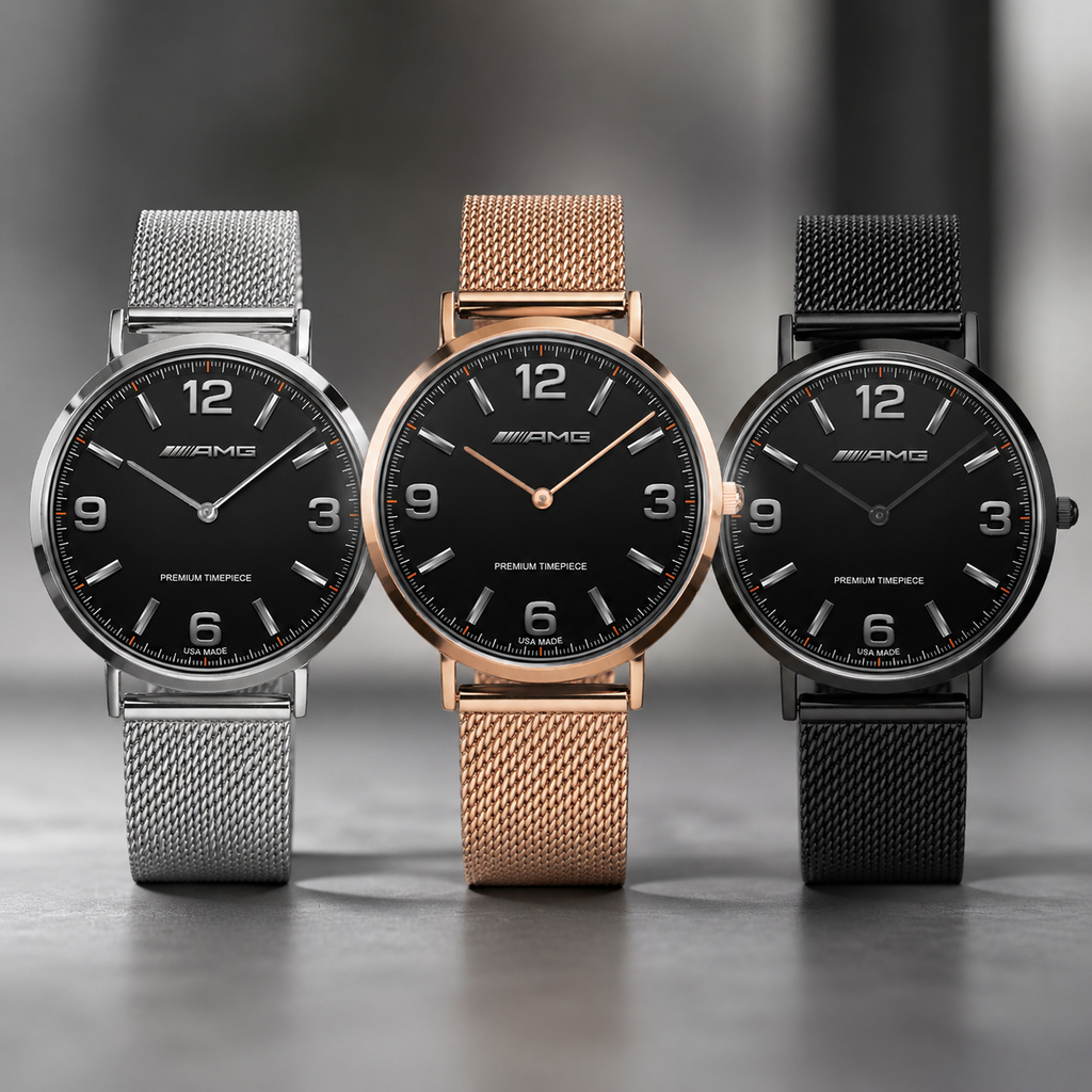 Three Mercedes-Benz wristwatches with black dials and mesh straps are lined up on a gray surface. The watches have silver, rose gold, and black metal cases and mesh bands.