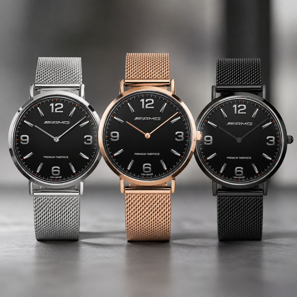 Three Mercedes-Benz wristwatches with black dials and mesh straps are lined up on a gray surface. The watches have silver, rose gold, and black metal cases and mesh bands.