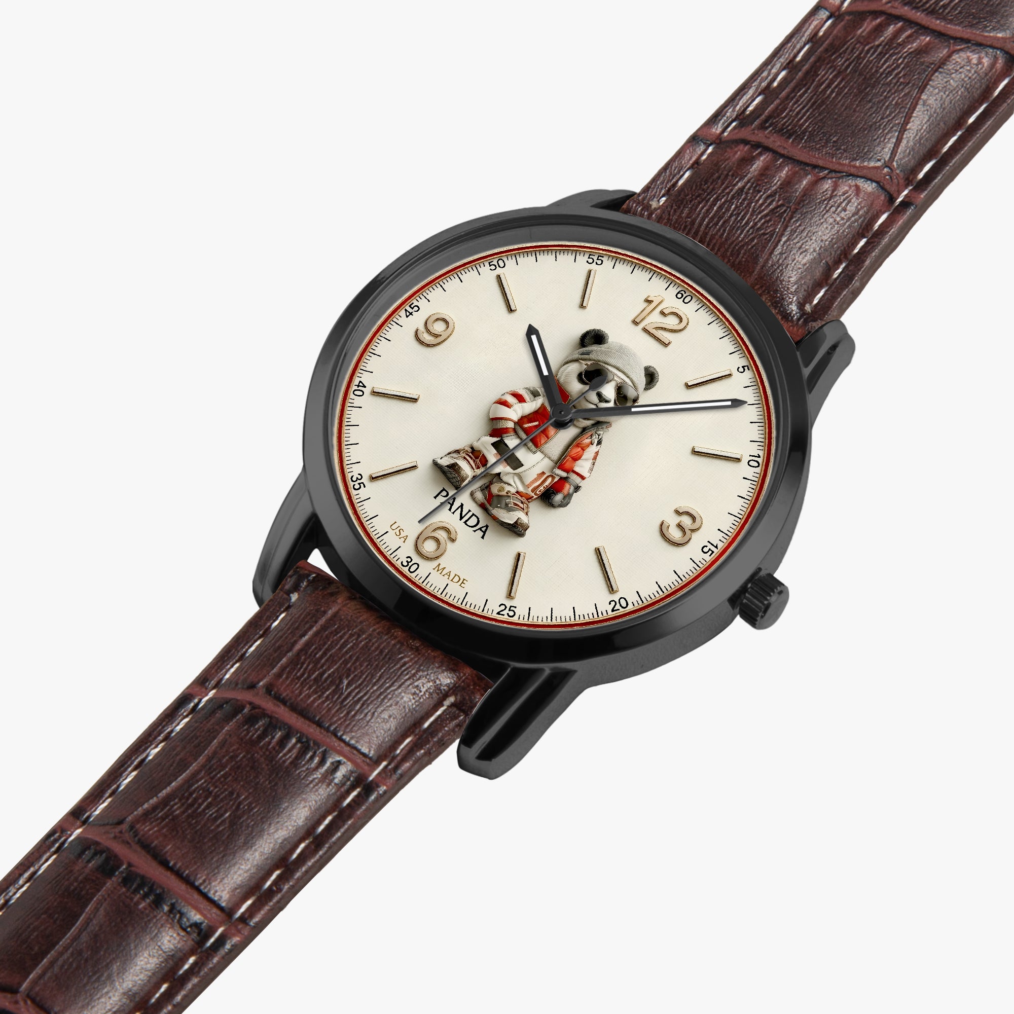 A wristwatch with a dark brown textured leather strap, a black case, and a cream-colored dial featuring a 3D panda astronaut design at the center.
