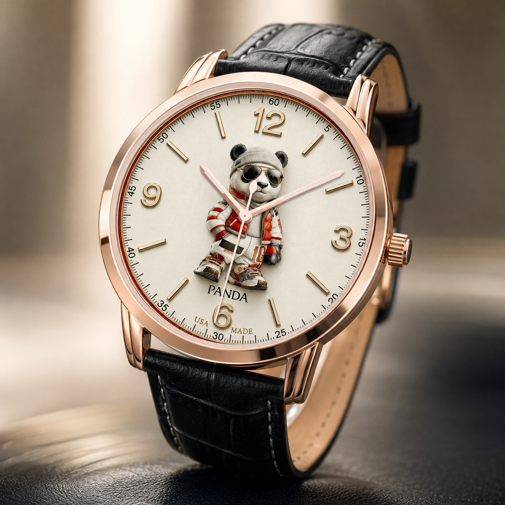 Close-up view of Joventra streetwear panda watch dial featuring 3D panda wearing aviator sunglasses, beanie, red puffer jacket, and gold numerals.
