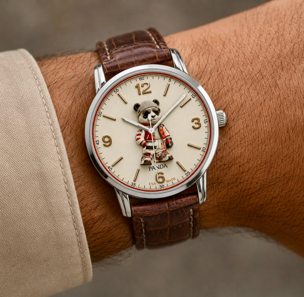 A wristwatch with a brown leather strap and a silver-toned case, worn on a person's wrist. The round dial is cream-colored with a panda character standing on the 6 o'clock position, and the brand name 'PANDA' is visible below the 12 o'clock mark.