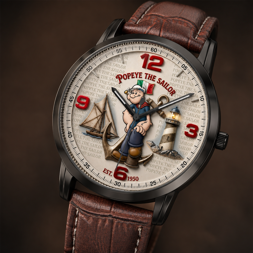A close-up of a wristwatch with a brown leather strap and a detailed Popeye-themed white dial. The dial features red numerals, a central Popeye illustration, a sailboat, and a lighthouse, with the text 'Popeye the Sailor' and 'EST.