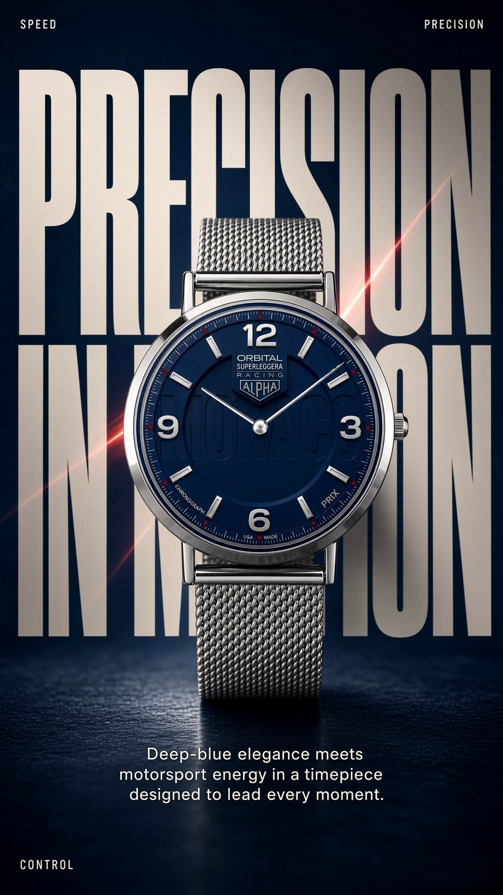 A wristwatch with a deep blue dial and a silver mesh strap, centered against a dark blue graphic background with large white text reading 'PRECISION IN MOTION' and small text including 'ORIENTAL'