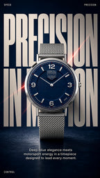 A wristwatch with a deep blue dial and a silver mesh strap, centered against a dark blue graphic background with large white text reading 'PRECISION IN MOTION' and small text including 'ORIENTAL'