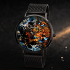 A round Joventra Celestial analog watch with a black metal mesh strap and black case, featuring a colorful abstract marbled dial design in blue, orange, and black.