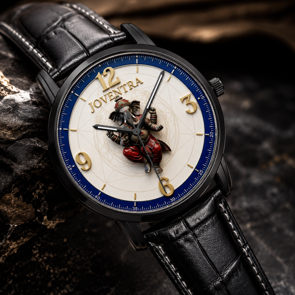 A close-up of a luxury watch with a black leather strap, black case, and a highly detailed white dial featuring a 3D figure of a warrior and the brand name 'JOVENTRA'.