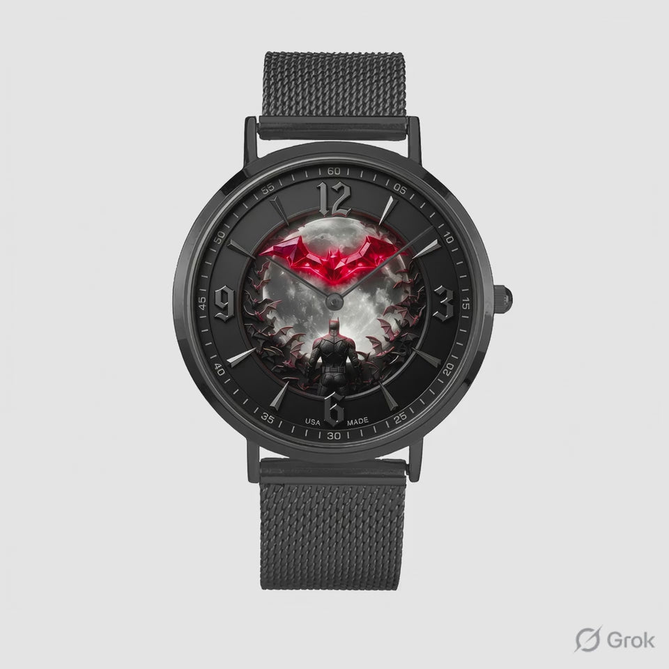 Close-up video of Joventra dark bat hero watch dial featuring glowing red bat emblem, full moon, bats swarm, and gothic numerals.