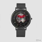Close-up video of Joventra dark bat hero watch dial featuring glowing red bat emblem, full moon, bats swarm, and gothic numerals.