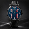 A Scuderia Racing watch with a black leather strap, black case, and a blue dial featuring red and white vertical stripes and the Scuderia Racing logo.
