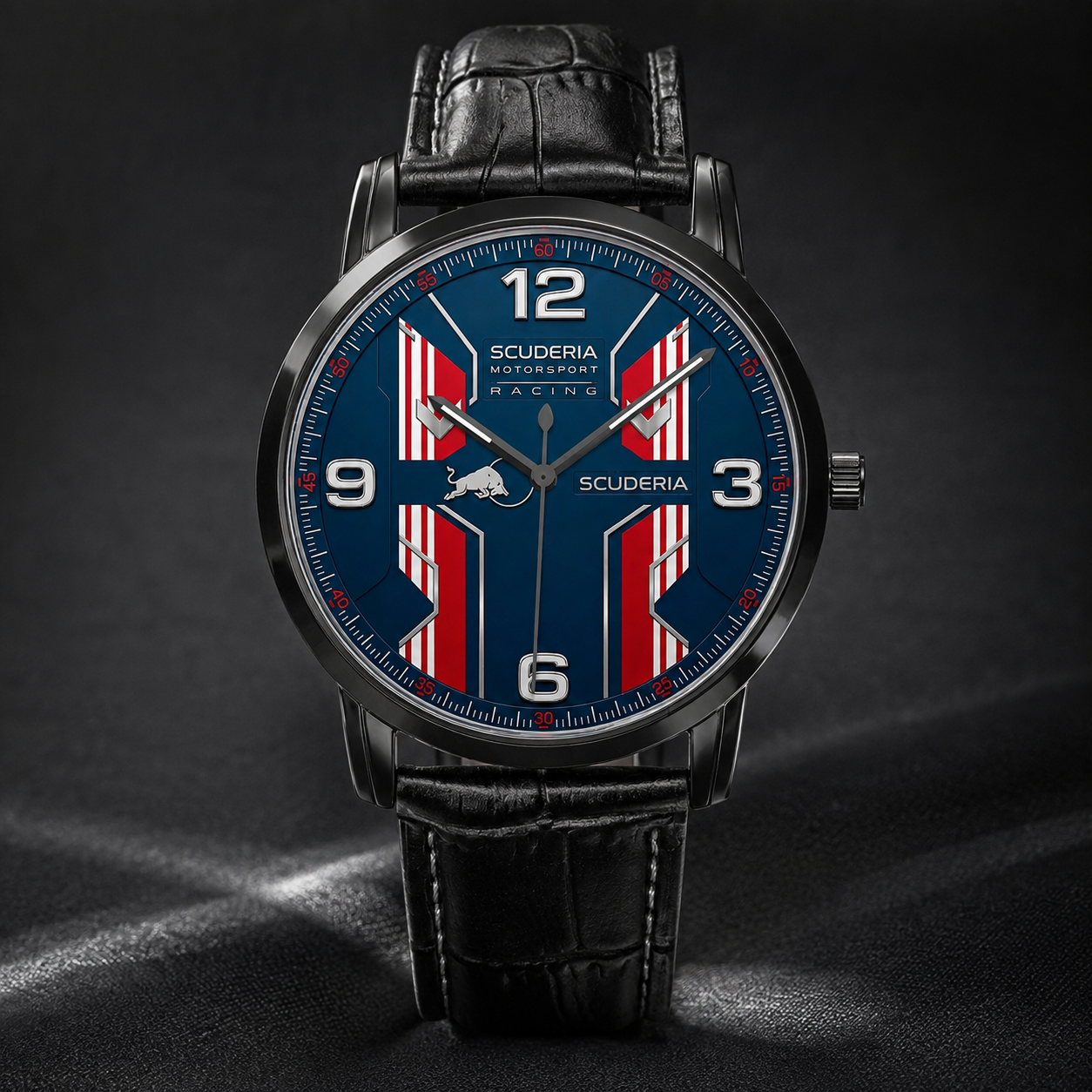 A Scuderia Racing watch with a black leather strap, black case, and a blue dial featuring red and white vertical stripes and the Scuderia Racing logo.
