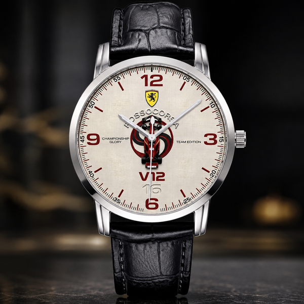 A luxury watch with a silver stainless steel case, a cream-colored dial featuring red numerals and a v12 logo, and a black leather strap.