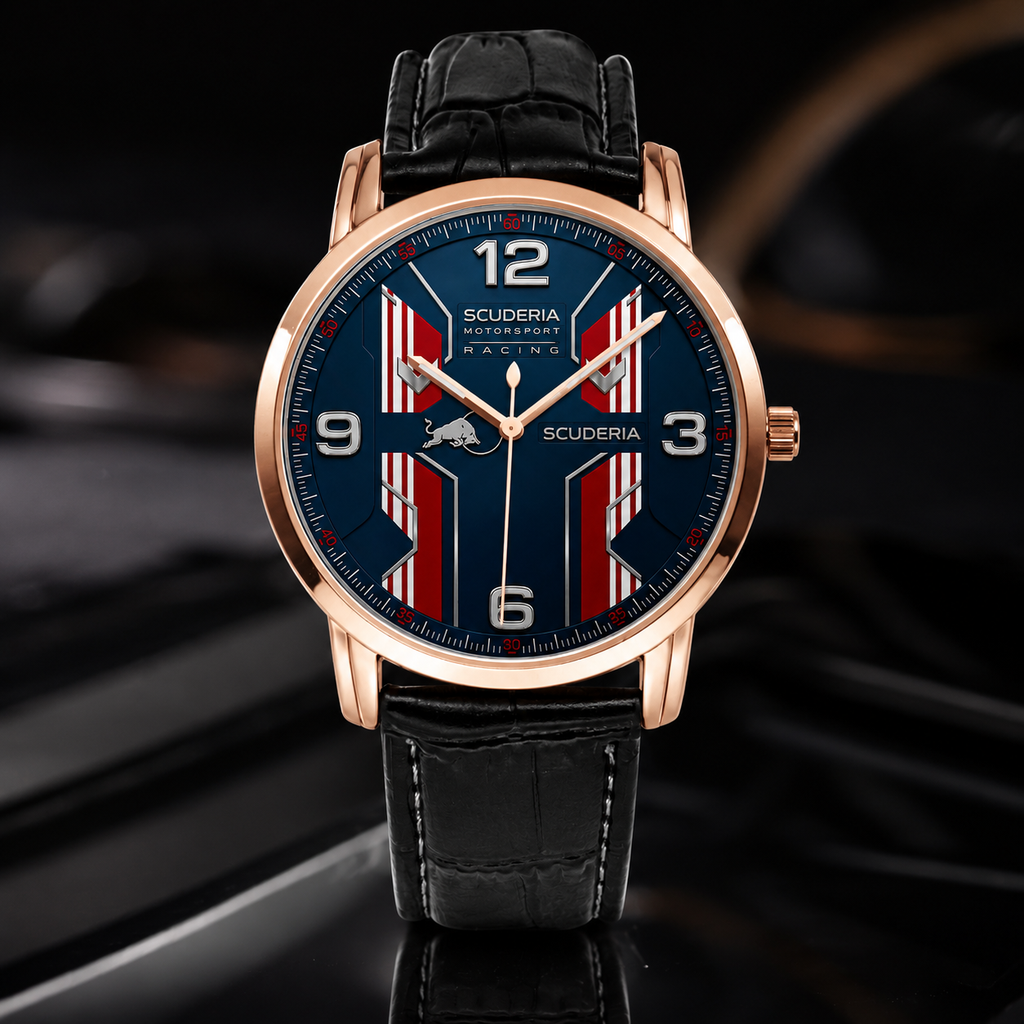 A Scudera automatic watch with a rose gold case, a dark blue dial featuring red and white vertical stripes, and a black leather strap, shown against a dark, blurred background.
