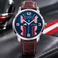 Joventra Scuderia Motorsport unisex racing watch in a silver stainless steel case with a blue racing dial and brown textured leather strap.