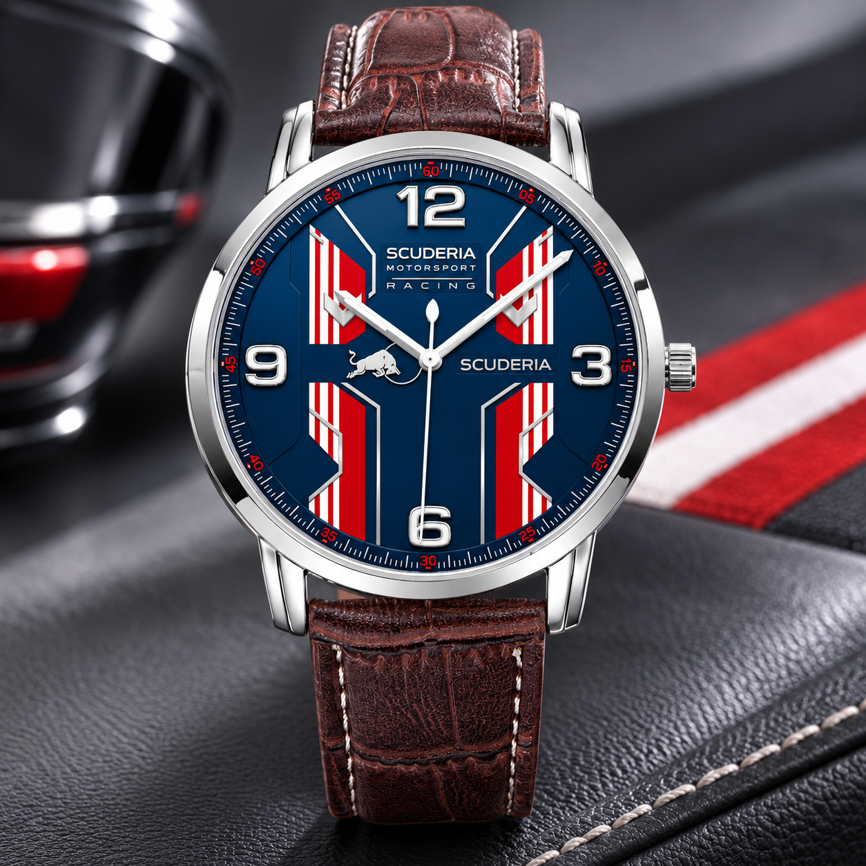 Joventra Scuderia Motorsport unisex racing watch in a silver stainless steel case with a blue racing dial and brown textured leather strap.