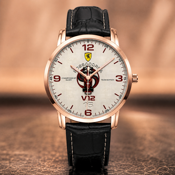 Joventra Rosso Corsa V12 Grand Prix racing watch in rose gold case with brown alligator leather strap.