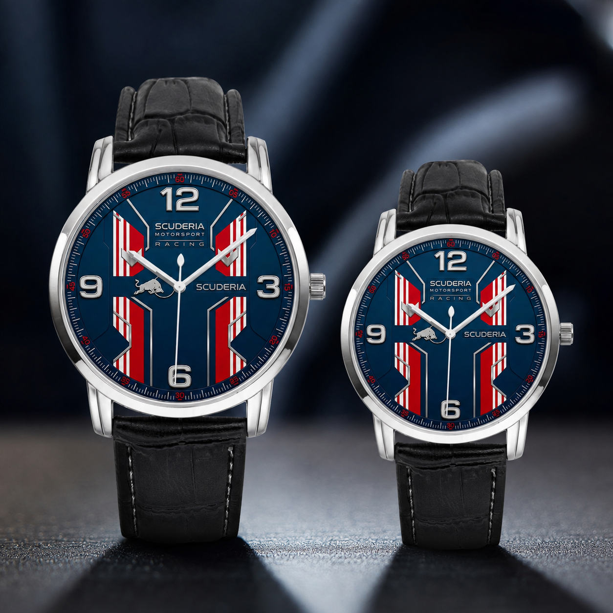 Two Scuderia Ferrari men's watches with black leather straps and silver cases, featuring a blue dial with red and white vertical stripes and the Scuderia Ferrari logo.