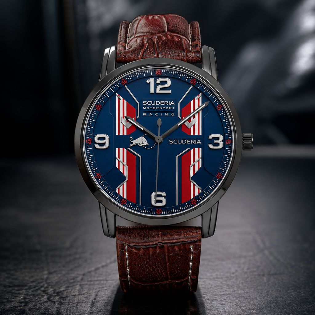 A Scuderia Racing watch with a blue dial, red and white striped accents, and a brown leather strap, shown in a dark studio setting.