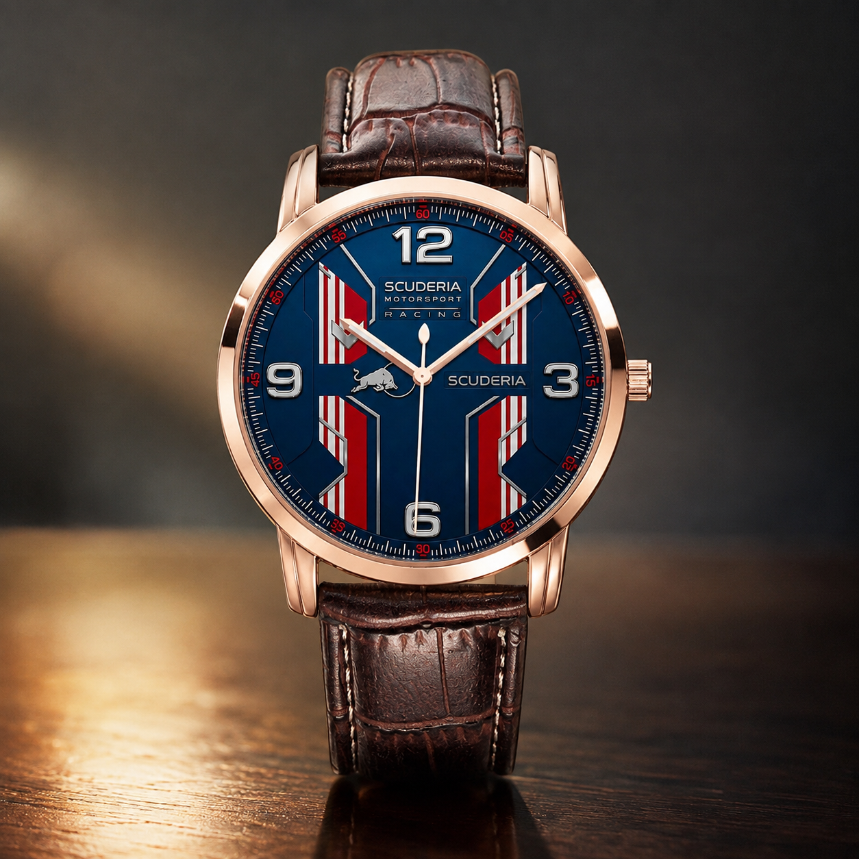 A Scuderia Ferrari wristwatch with a rose gold case, a blue dial featuring red and white vertical stripes, and a brown leather strap, displayed on a dark wooden surface.