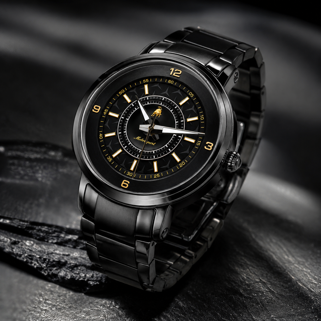 A black stainless steel men's watch with a matching black link bracelet, featuring a black dial with gold-tone hands, markers, and a small animal logo at the center.