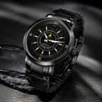 A black stainless steel men's watch with a matching black link bracelet, featuring a black dial with gold-tone hands, markers, and a small animal logo at the center.
