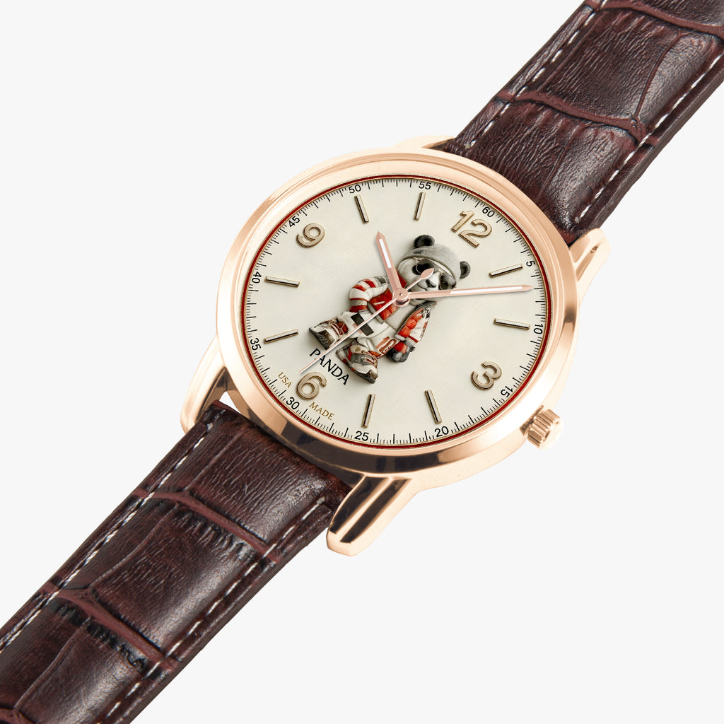 A wristwatch with a rose gold case, a white dial featuring a panda character, and a dark brown textured leather strap, shown on a light gray background.