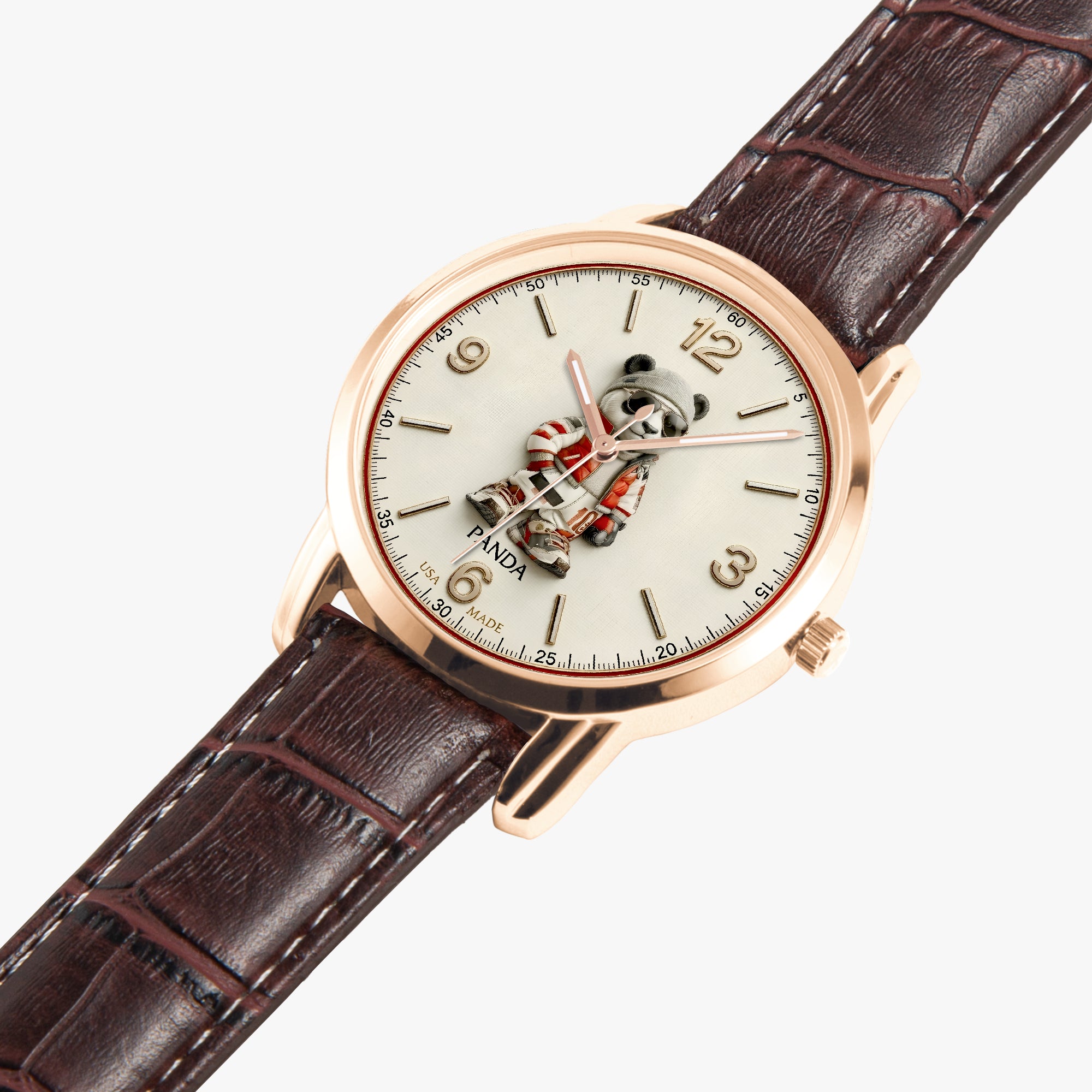 A wristwatch with a rose gold case, a white dial featuring a panda character, and a dark brown textured leather strap, shown on a light gray background.
