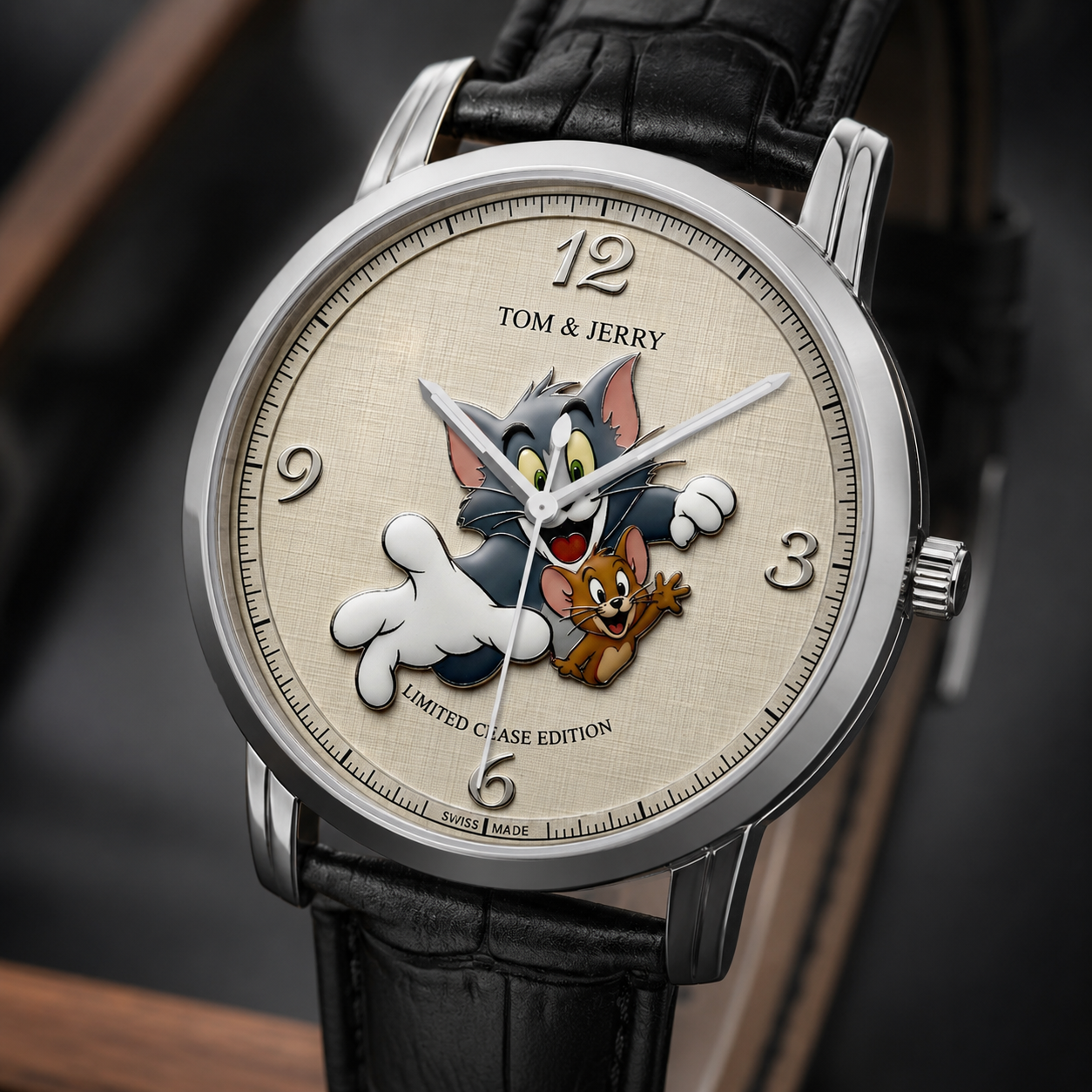 view showing electroplated 304 stainless steel case and polished crown of Joventra cartoon watch.