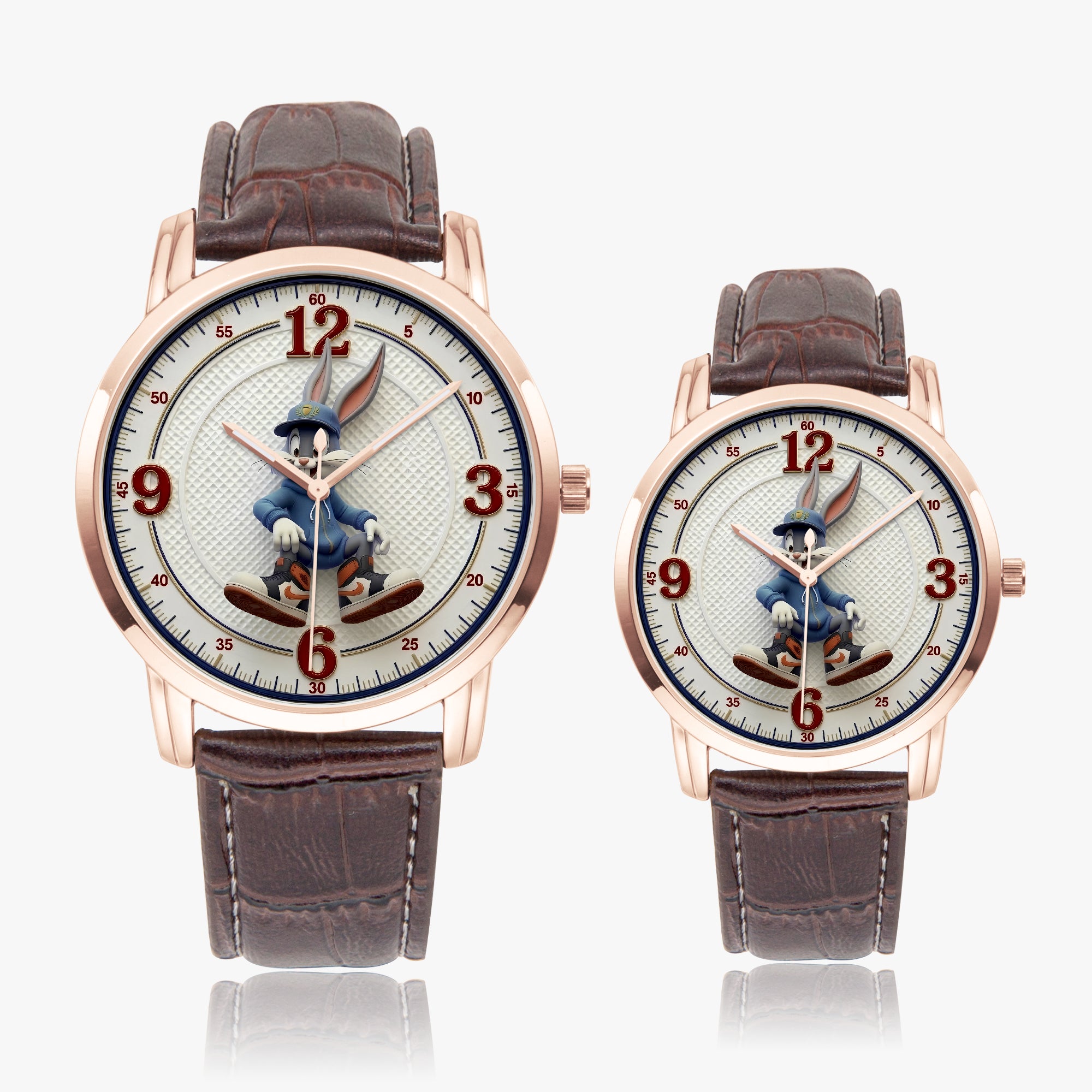 Two matching wristwatches with rose gold-toned cases, brown leather straps, and white dials featuring a cartoon rabbit character, shown on a light gray background.